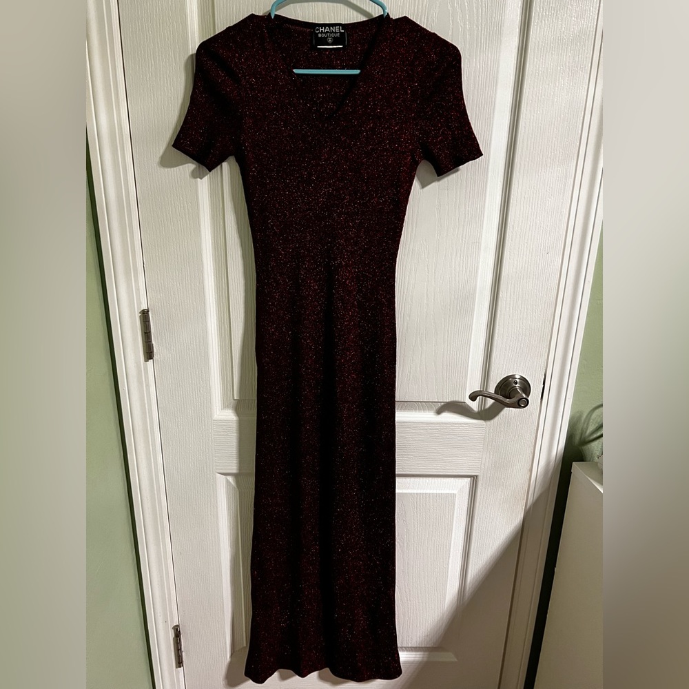 Chanel red glitter long evening dress with small back slit